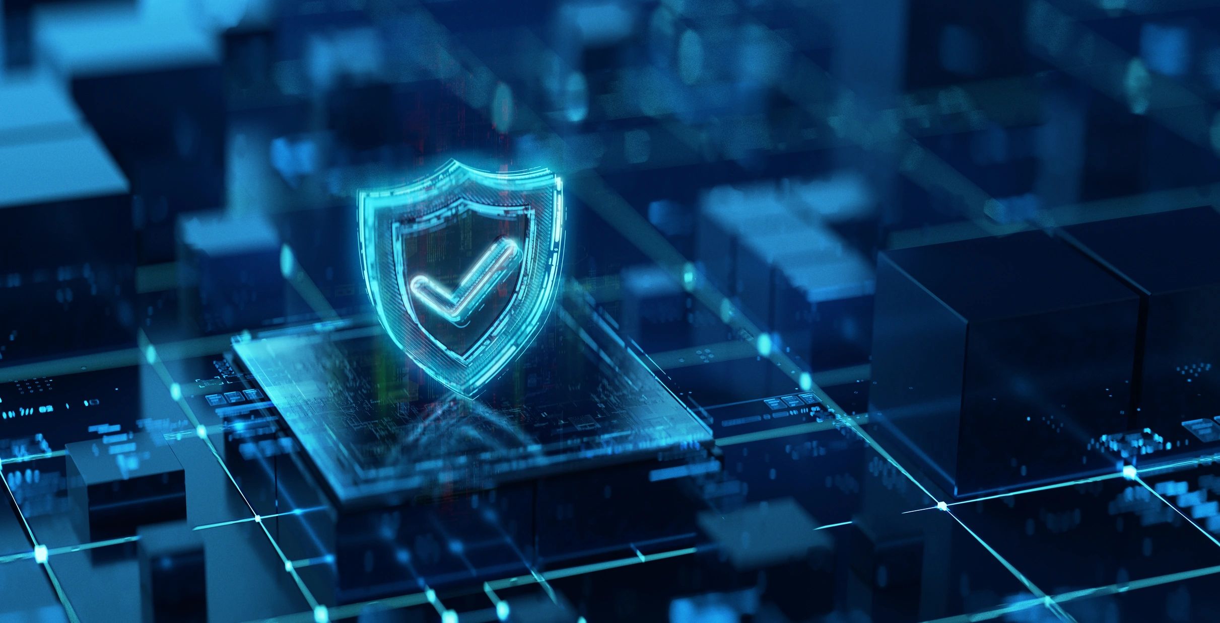 Digital shield on dark cybersecurity background